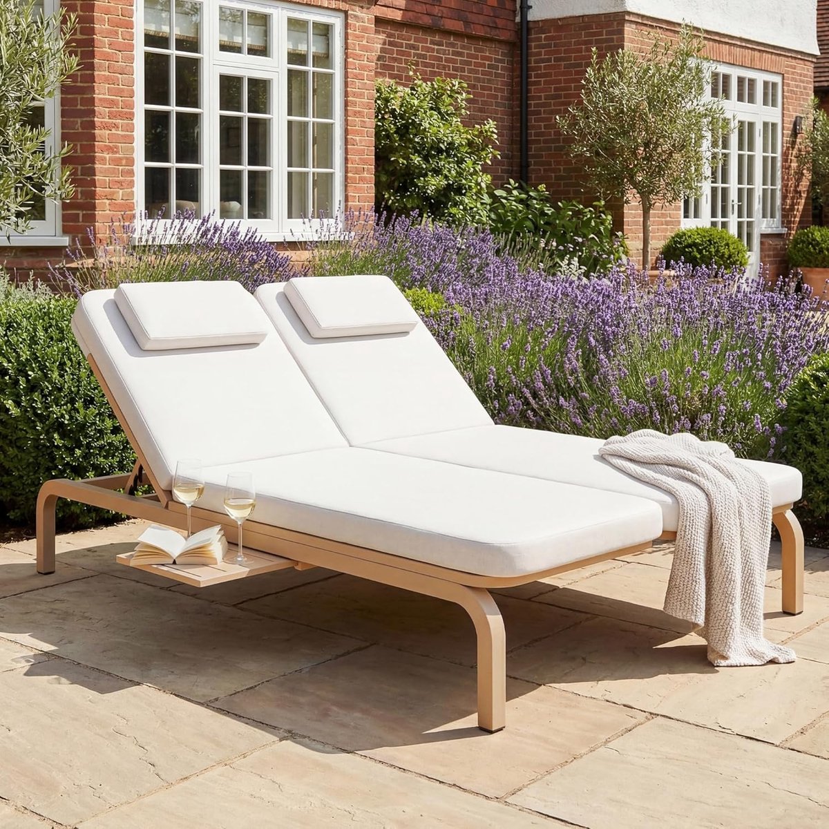 Tuinligbed 2 Personen 194x127x93 cm met Verstelbare Rugleuning, Uittrekbare Zijtafel, Hoofdkussen en Waterbestendige Bekleding Beige - Mobili Bella