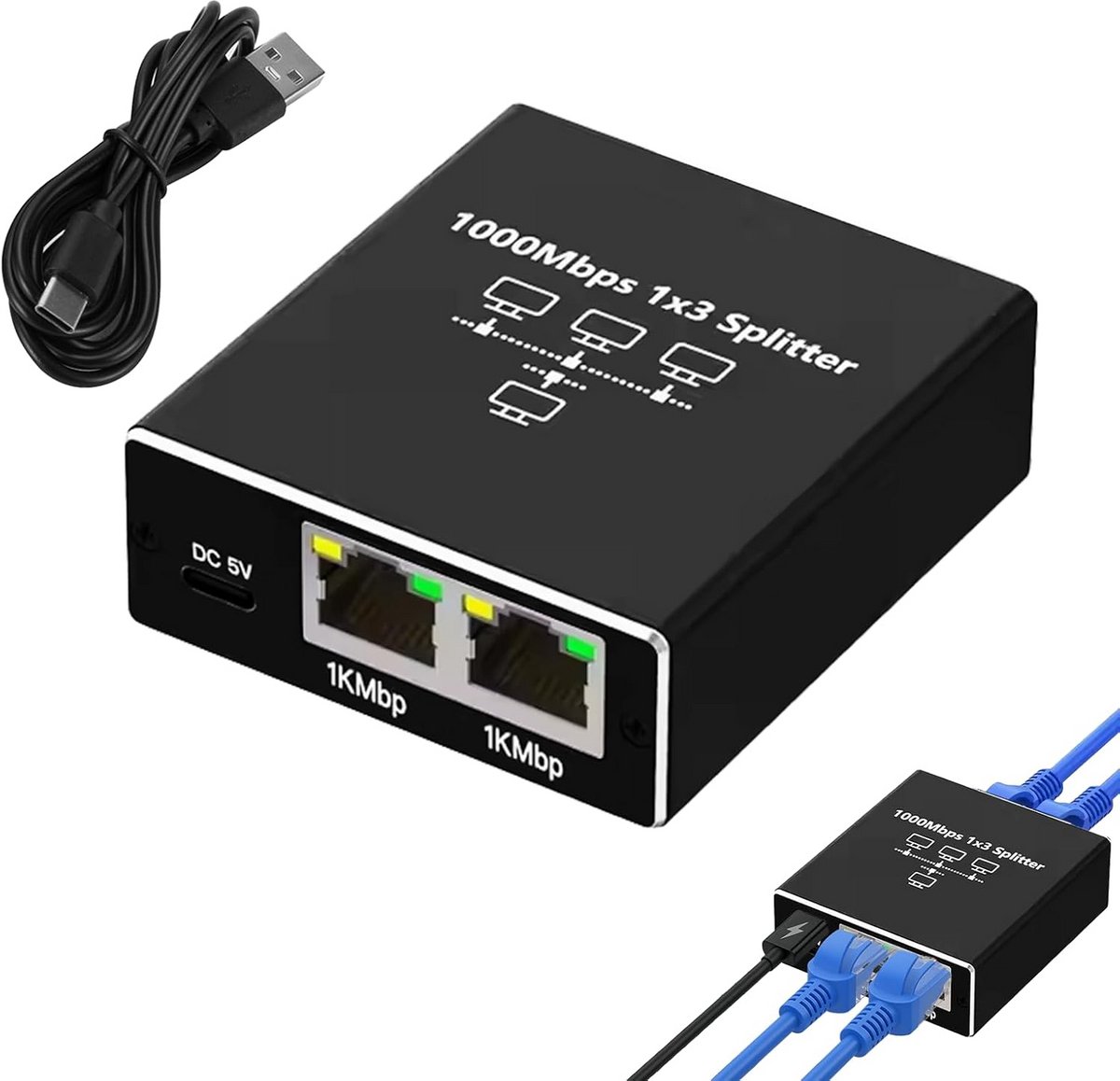 LAN Splitter - Netwerk Verdeler - Internet Delen - Aluminium Behuizing - 1000Mbps Gigabit - Zwart