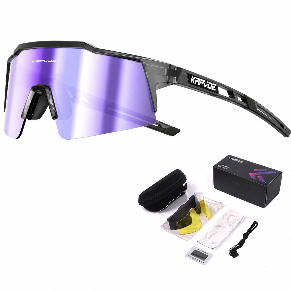 KAPVOE Sport Zonnebril - COMPLETE SET - 4 GLAZEN - Fietsbril - Sportbril - Mountainbike - Wielren - Ski - Wintersport - Polariserend - UV 400 - Nachtbril - Hoesje - Brillenkoker - Paars - apres ski