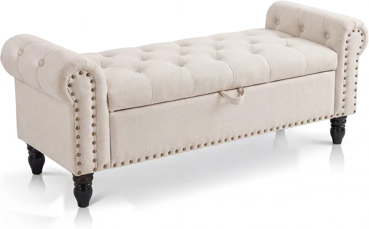 Opbergbank Gepolsterd met Armleuningen - Hocker met Gecapitonneerd Design & Slow-Close Veiligheidsscharnier - Bedbank voor Slaapkamer, Hal & Woonkamer - 130 x 43 x 51 cm - beige