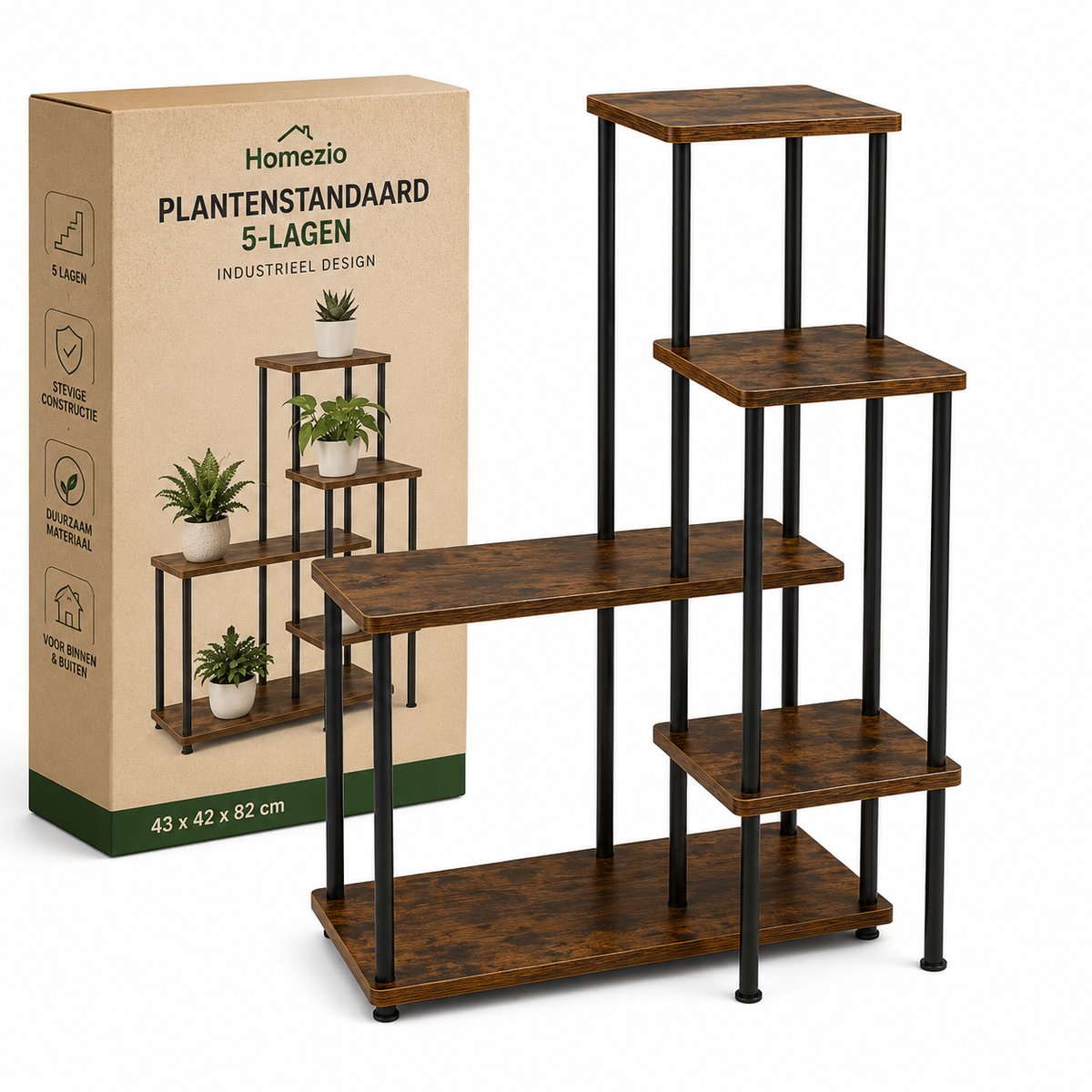 Industriële Plantenstandaard 5-Lagen – 43 x 42 x 82 cm - Metaal & Hout – Vintage Bloemenrek - Plantentrap voor Binnen & Buiten – Decoratief Plantenrek - Plantenstandaard - Bruin/Zwart