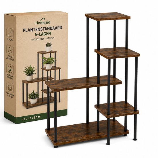 Foto: Industri le plantenstandaard 5 lagen 43 x 42 x 82 cm metaal hout vintage bloemenrek plantentrap voor binnen buiten decoratief plantenrek plantenstandaard bruin zwart