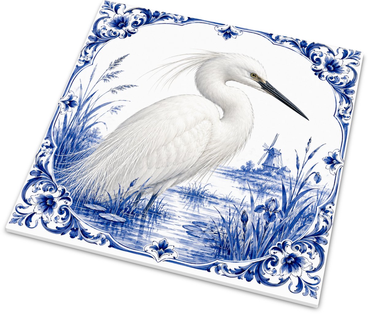 Delft Blue Series - Tegeltje met Kleine Zilverreiger (Egretta garzetta) - Decoratief Wandt