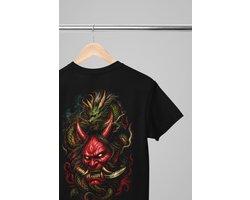 Oversized shirt - Red oni mask dragon - Wurban Wear | Draak | Anime streetwear | Asian streetwear | Streetwear | Geisha | Techno outfit | Fantasy shirt | Gym shirt | y2k | Tattoo | Urban | Grote maten | Japanese mythology | Samurai | Zwart