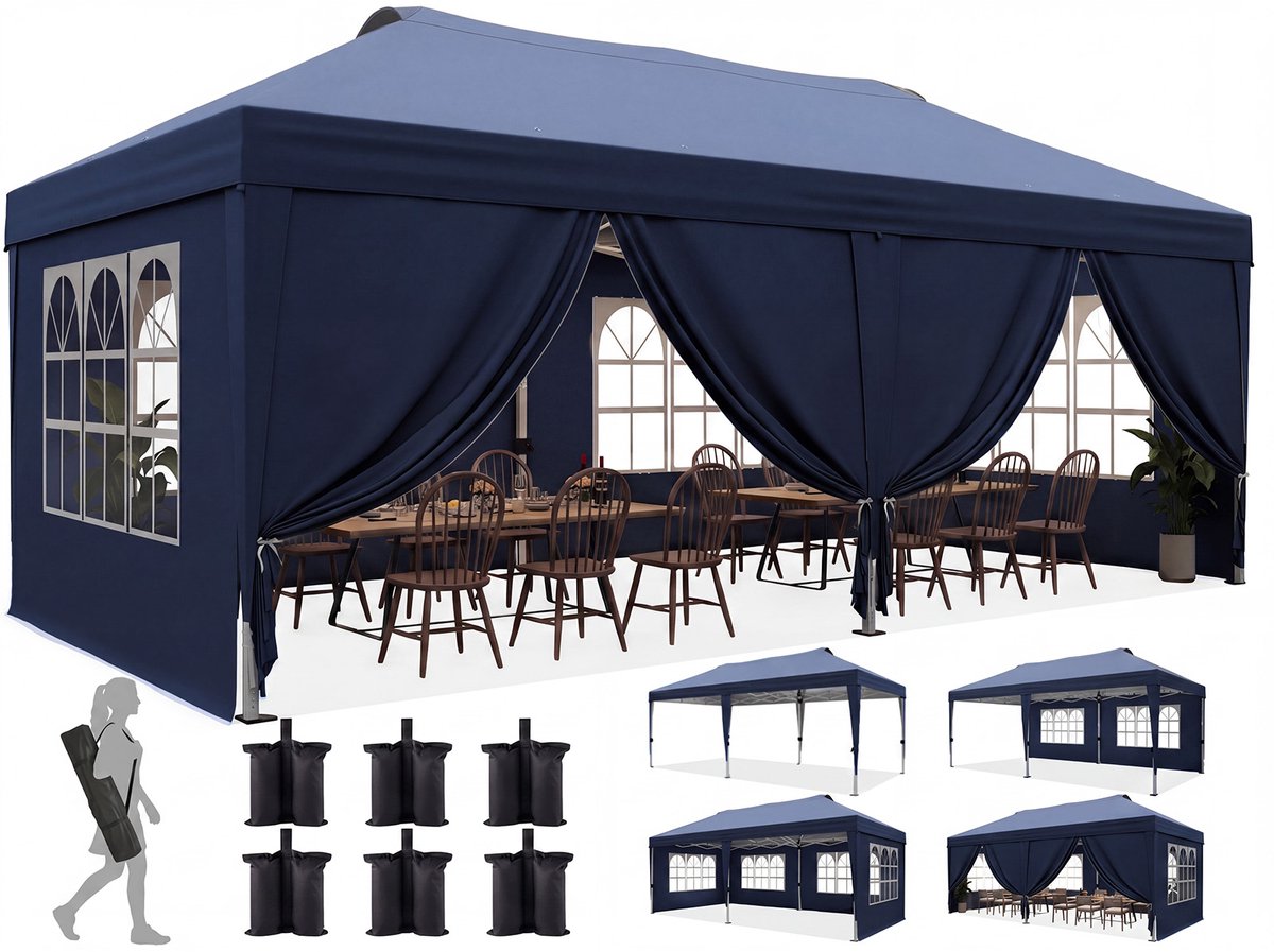 Quictent Vouwbare Partytent 3x6m – met centrale vergrendeling, 8 zijwanden – Blauw