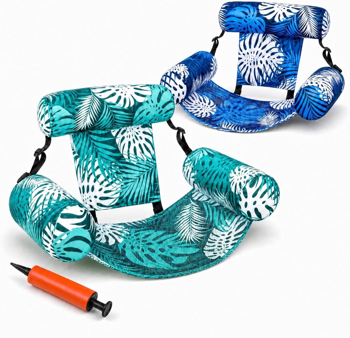 Opblaasbare Drijfstoel Zwembad - 2 Stuks - Luxe Waterhangmat met Mesh Net - Luchtbed Zwembad - Drijvende Water Ligstoel - Waterspeelgoed voor Volwassenen - Perfect voor Een Zomers Water- en Strandfeest - Met luchtpomp - Blauw Tropisch - SOLLBRY®