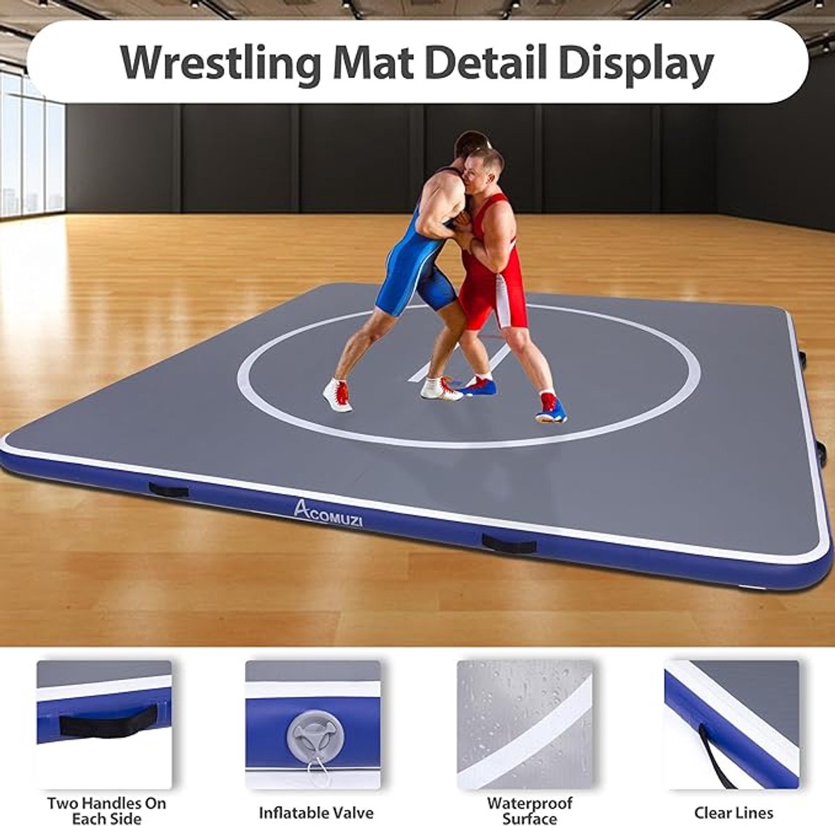 Opblaasbare worstelmat 305 x 152 x 10 cm – Jiu Jitsu, MMA, BJJ & Gymnastiek trainingsmat – Draagbare Air Track PVC Drop-Stitch – Indoor & Outdoor sportmat – Grijs/Blauw