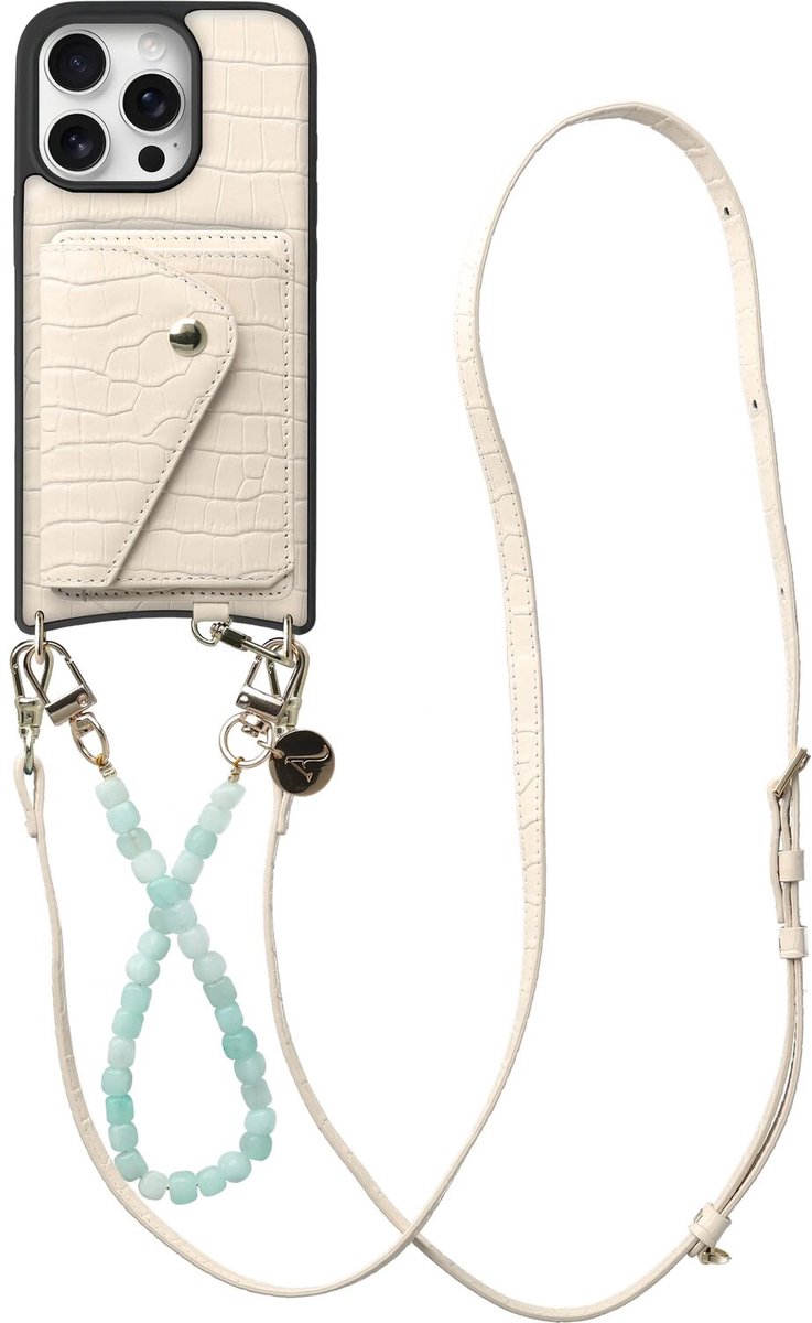AVY Leren Hoesje geschikt voor Apple iPhone 16 Pro Max | Met Koord en Kaarthouder | Compatibel met MagSafe | Leather Case met Polsand & Crossbody Koord & Wallet | Cubiq Leather Set | Croco Beige