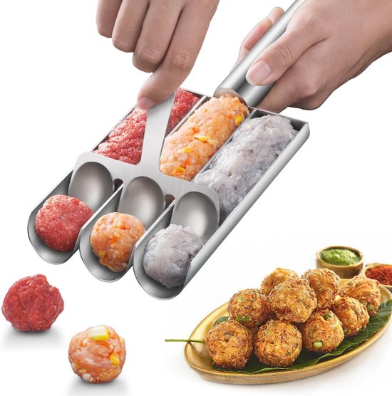 Gehaktbalmaker - 3-in-1 gehaktbal maker gereedschap - RVS - Handmatige - Gehaktbalvorm - Keukengerei - Keukenaccessoires - Gehaktballetjesmaker - Moeiteloos 3 gehaktballetjes tegelijk - 22.3*9.3cm - Zilver — afbeelding 4