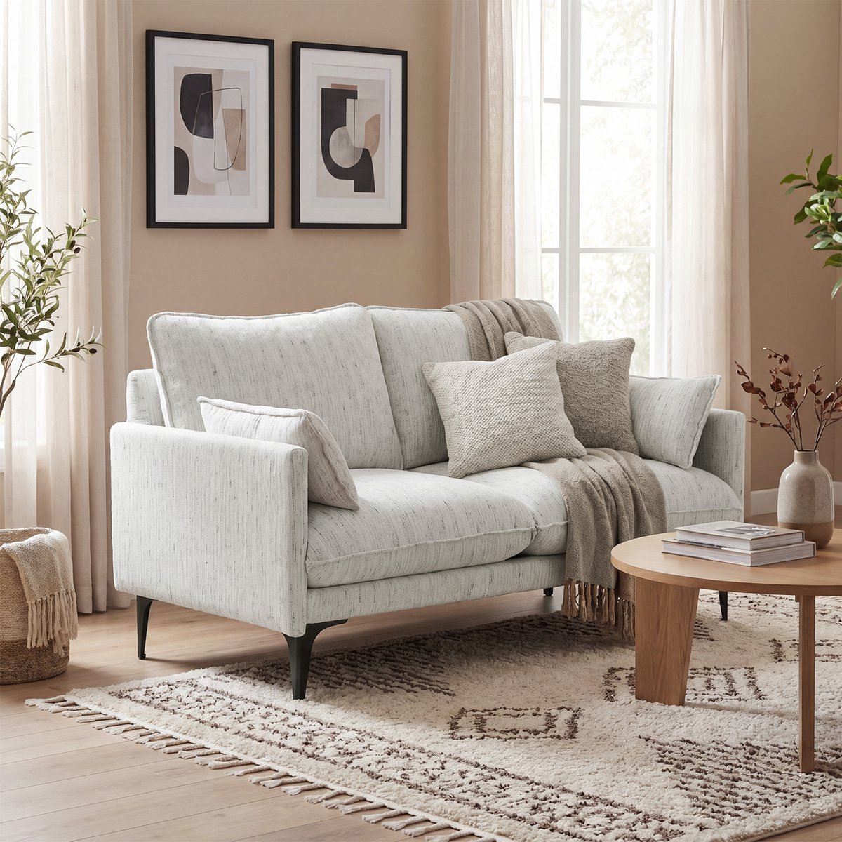 2-Zits Bank - Compacte Bank Met Linnen Look - Loveseat Bank Voor Woonkamer En Appartement - Wit Met Sierkussens
