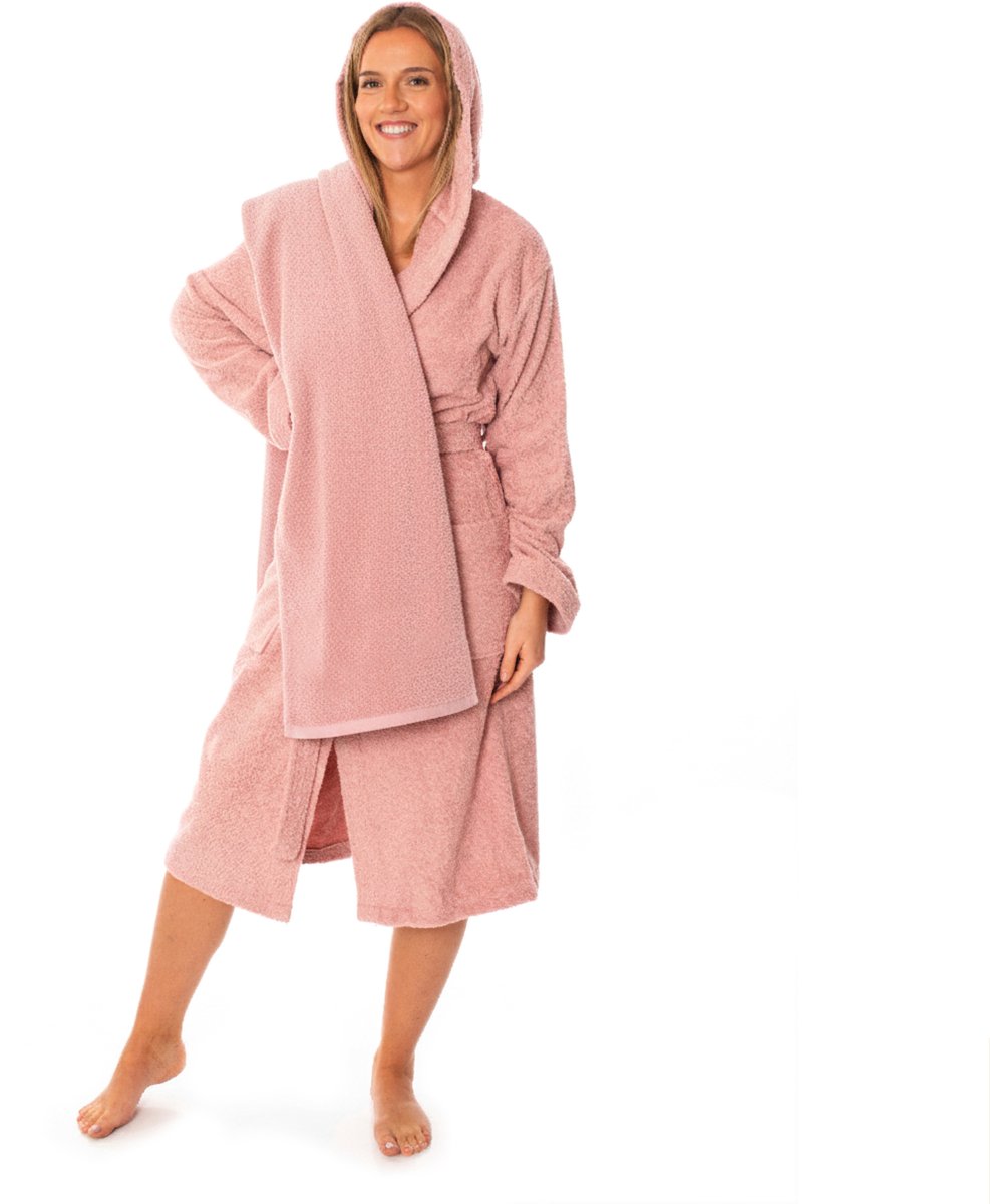 Lavea® Sauna Set Badjas Dames & Heren met Handdoek 80x200 cm – 100% Katoen, Zacht & Sterk Absorberend – Met Capuchon en Ceintuur – OEKO-TEX – Set Badjas M + Sauna Handdoek – Oudroze