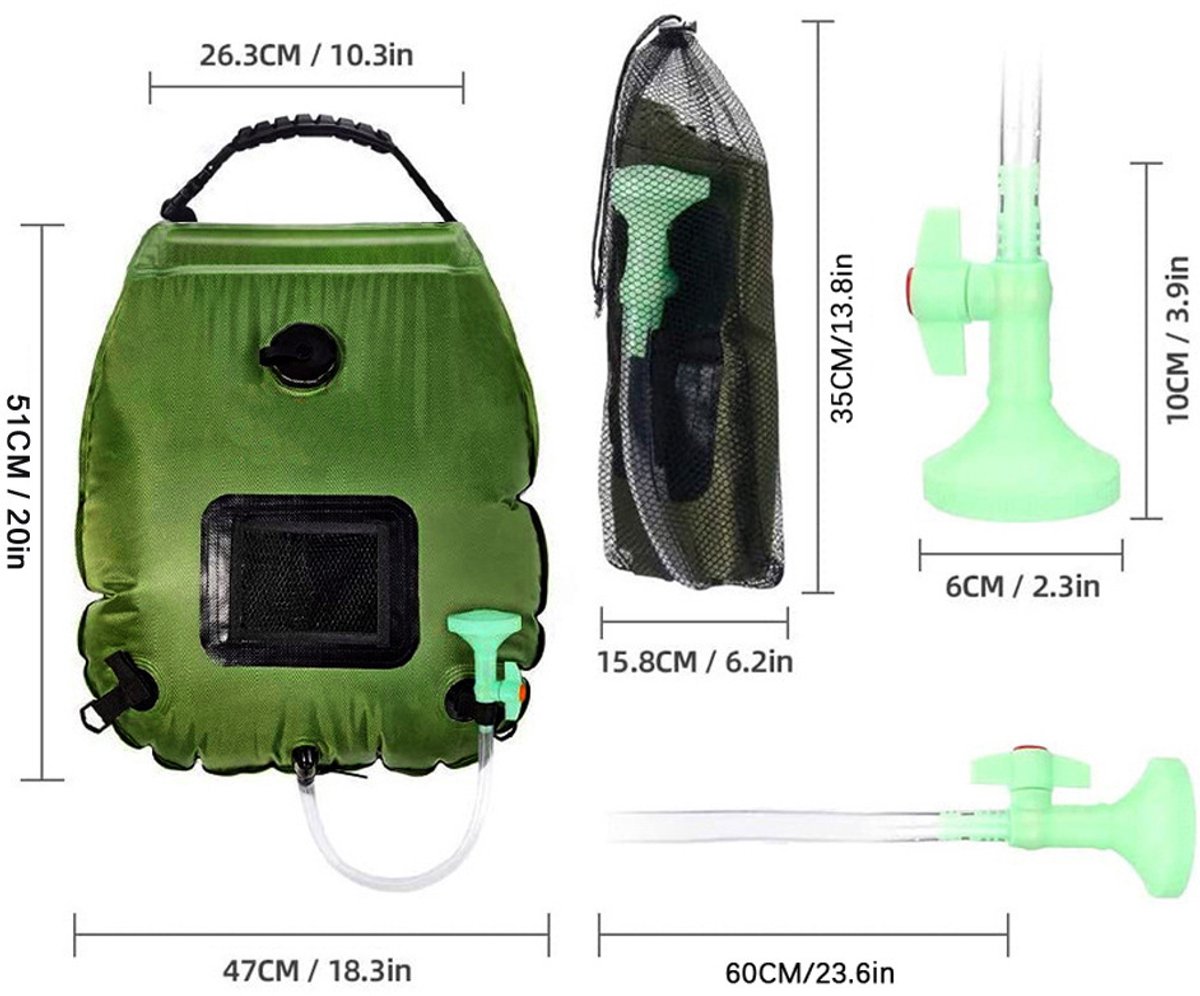 Buitendouche zonneenergie - Campingdouche - Tuindouche - Huitendouche camper - Douchezak voor kamperen en reizen - Buitendouche warm water outdoors - Legergroen - PVC - 20L thumbnail 5
