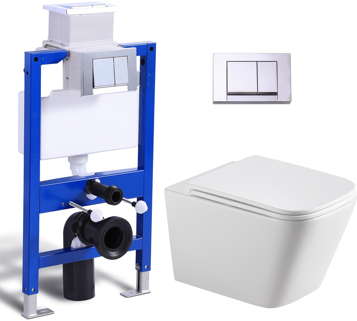 HOROW Toiletset -82cm Inbouwreservoir - Vierkante Rimless wandcloset - Toilet set - Wit hoogglans WC