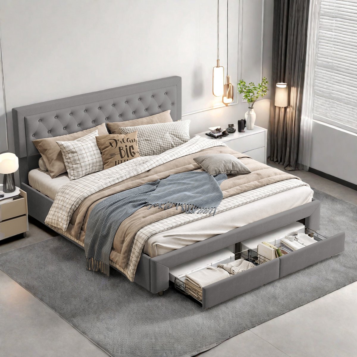 MEXUS Tweepersoonsbed Gestoffeerd bed 160x200 cm | Opbergbed met 2 laden en lattenbodem, boxspring bedframe zonder matras, Fluweel grijs, geschikt als jongerenbed