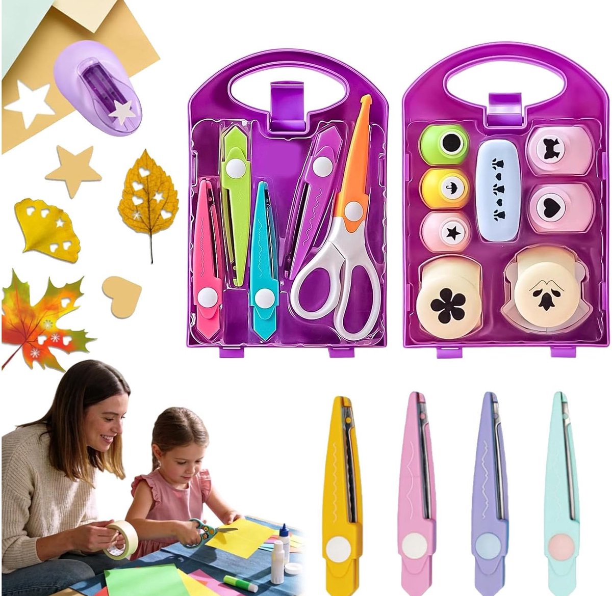 Creatieve doe-het-zelf perforatieset voor kinderen - Eenvoudig en gemakkelijk te gebruiken - Meerdere perforatievormen speciaal ontworpen voor kinderen - Vormen zoals bladeren, vlinders, sterren, harten, bloemen en meer.