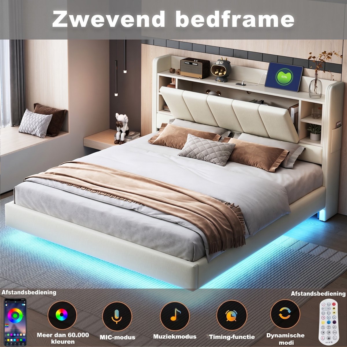 VVBV Gestoffeerd bed 140x200 / Tweepersoonsbed 140x200 – met Opbergruimte, LED-Verlichting, USB, Stopcontact – Hoofdbord – Linnen – Beige