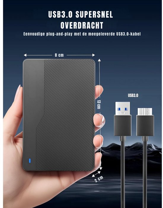 KAD® Harde Schijf - Compacte Externe Harde Schijf - Draagbare Externe Harde Schijf voor PC & Laptop - Zwart - 14cm x 9cm x 3cm van Kad — afbeelding 2