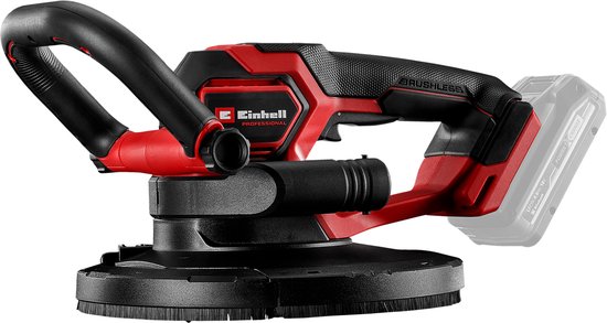 Einhell professionele wandschuurmachine met rode en zwarte accenten en een schuurplaat.