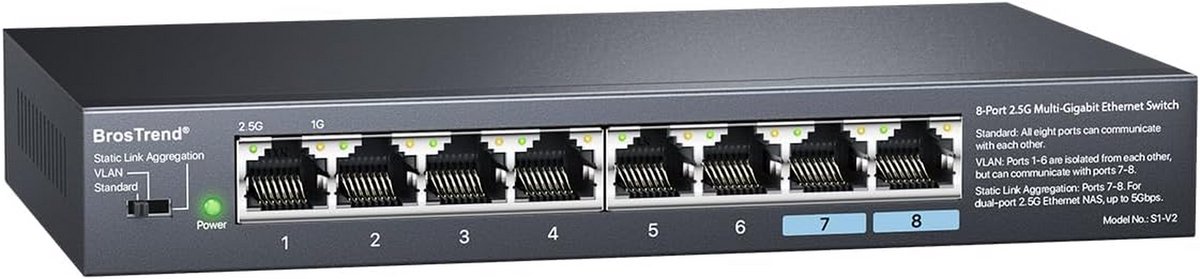 Ethernet Switch - Netwerk Hub - Snelle Dataoverdracht - 8 Poorten 2.5G - 40 Gbps Capaciteit - Zwart