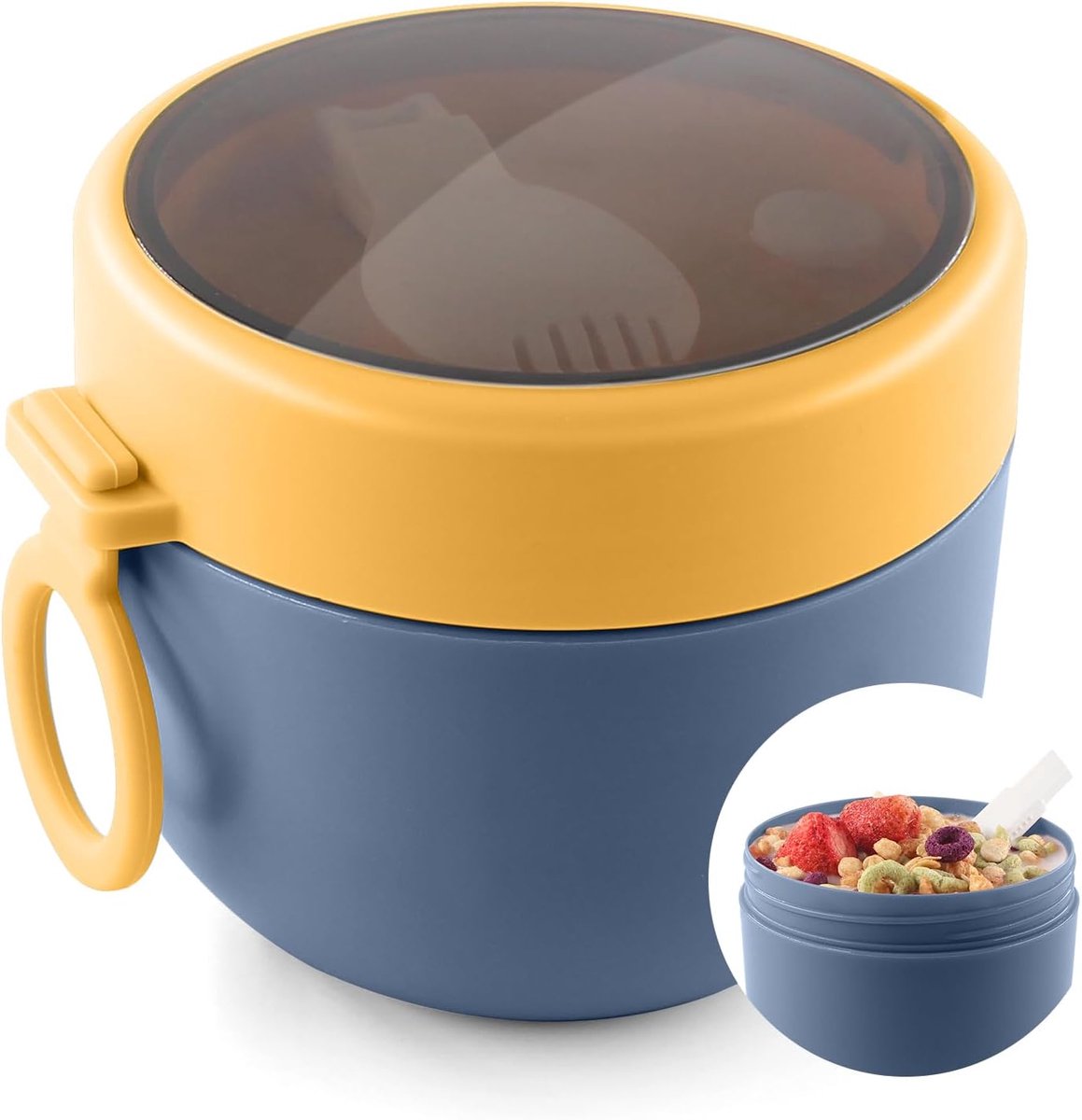 QTTVBTNA – Ontbijtbeker To Go – 600 ml – Lunchpot –Yoghurt beker – Lekvrije Porridgebeker met Opvouwbare Lepel – Yoghurtbeker voor Fruit, Muesli en Snacks – Lunchcontainer voor Werk, School, Uitstapjes en Picknick – Blauw