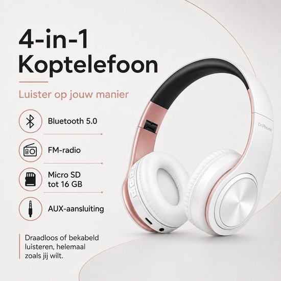 DrPhone BH1 - Draadloze Bluetooth Koptelefoon - FM Radio, Micro SD en AUX - On-Ear Headset met Microfoon - Wit/Rose