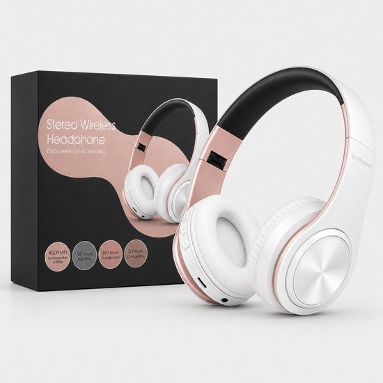 DrPhone BH1 - Draadloze Bluetooth Koptelefoon - FM Radio, Micro SD en AUX - On-Ear Headset met Microfoon - Wit/Rose