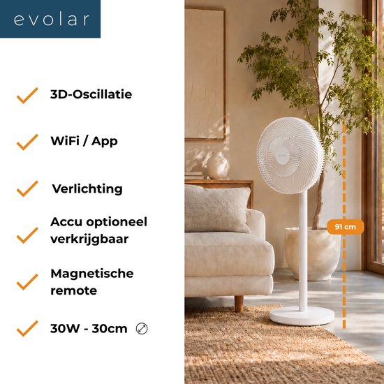 Witte staande ventilator van 91 cm met 3D-oscillatie, WiFi/app bediening, verlichting en magnetische remote.