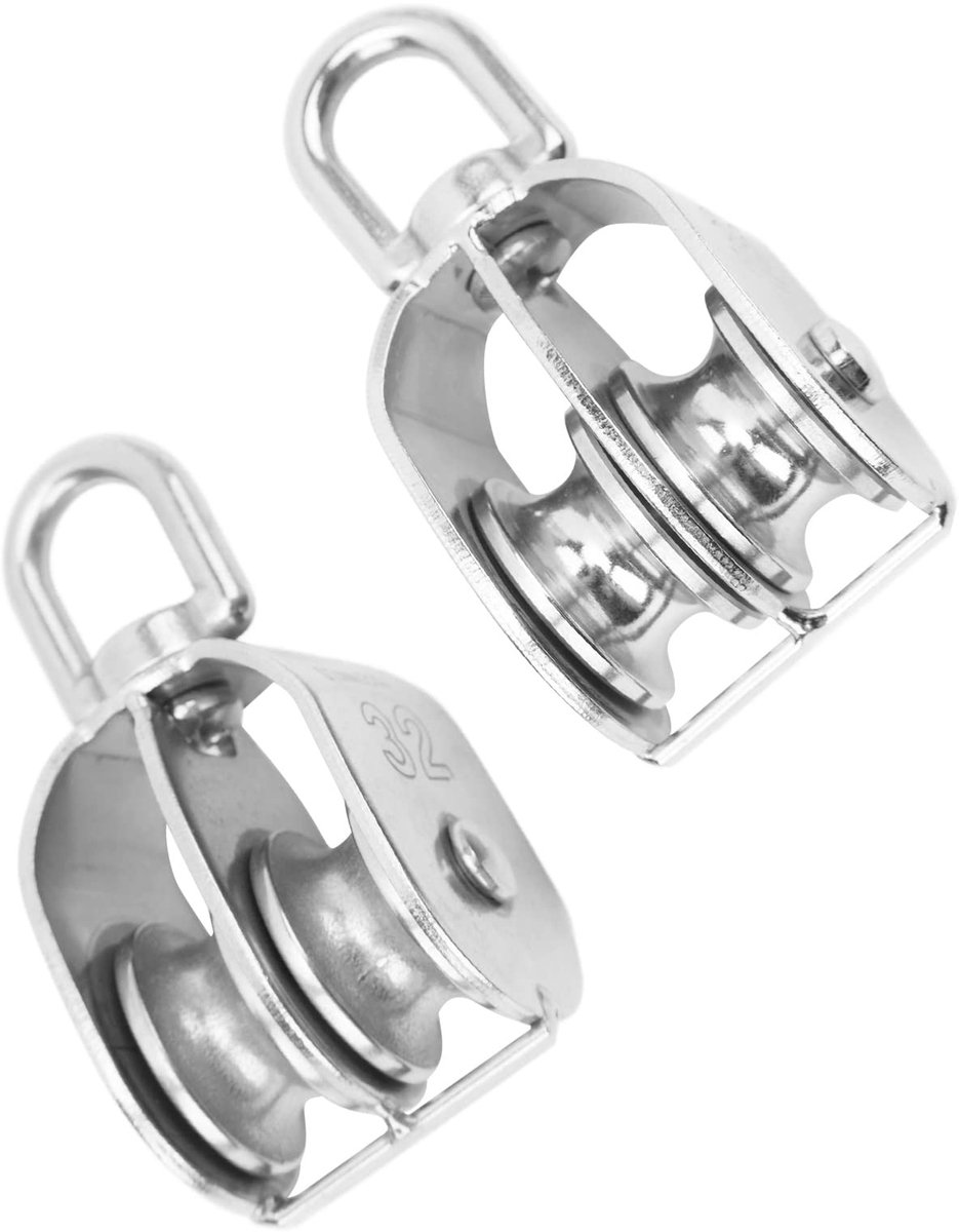 Dailygoods- Katrolblok Dubbel M32 - 250 kg Draagvermogen - Roestvrij Staal - 360° Rotatie - U-type - 2 Stuks - Hijsketting