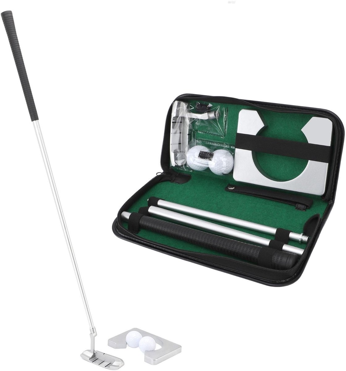 Dailygoods- Putter Set - Indoor Golfputter - Oefenapparatuur - Zinklegering/Aluminiumlegering - Inclusief 2 Golfballen - Opbergtas - Realistische Putting Ervaring - Golfset