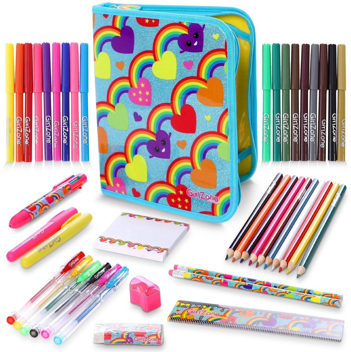 Dailygoods- Pennenetui met Regenboog - 42-delige Etui - Cadeau voor Meisjes - Schooletui - Glinsterend - Geschikt voor 3 tot 12 Jaar