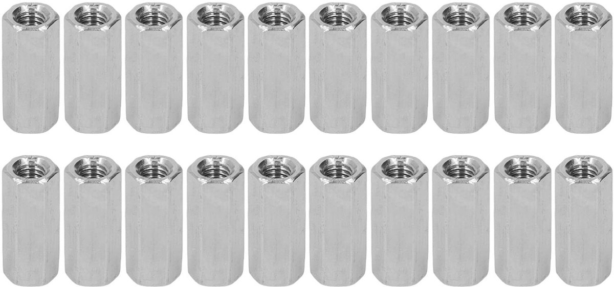 Dailygoods- Zeskantkoppelingsmoer 20 Stuks - Roestvrij Staal - M6x1.0 - L25mm - Draadstangconnectoren - Geschikt voor Binnen/Buiten - Zeskantmoer