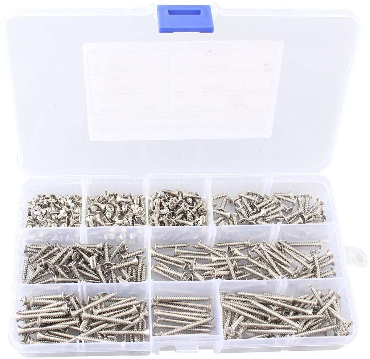 Dailygoods- Schroeven Set 400 Stuks - M3 Platte Kop Zelftappende - Roestvrij Staal - Houtdraad Nagels - Herbruikbare Doos - Goede Houdkracht - Houtschroeven