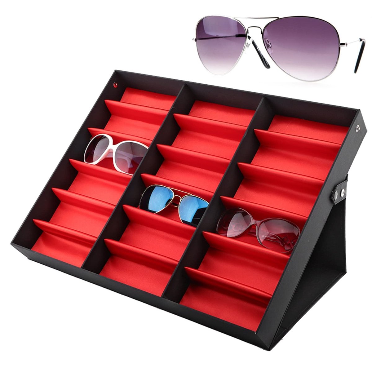 Dailygoods- Zonnebrilhouder 18 vakken - Opbergdoos met deksel - Displaybox - Reiskoffer - Accessoires opbergen - Perfecte maat 47x37x6 cm