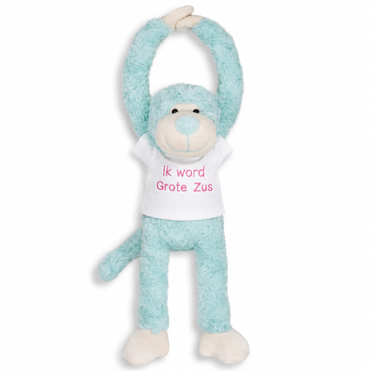 Knuffel Aap met Geborduurd Shirt “Ik word grote zus” – Zwangerschap Aankondiging – Cadeau Grote Zus – Knuffel met Tekst – Baby Aankondiging – slinger aap