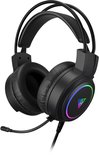 Zwarte gaming headset met microfoon en RGB-verlichting op de oorschelpen.