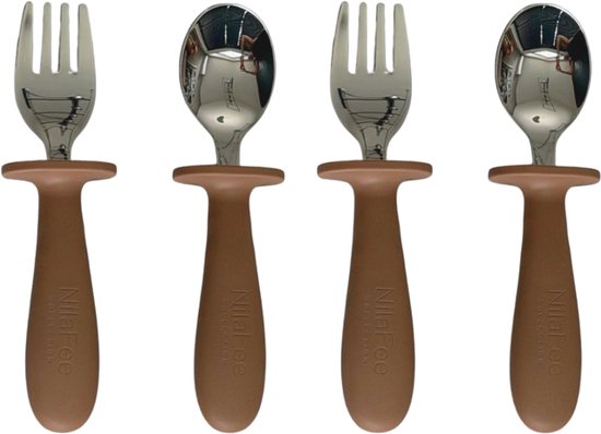 NilaFee™ Oscar - Bestekset - 4 delig - Lepel Vork - RVS - Siliconen - Kinderbestekset - Zilver - Caramel Brown