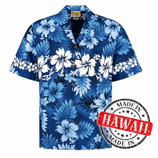 Chemise hawaïenne pour homme, manches courtes, bleu avec imprimé floral blanc. Sceau "Made in Hawaii".