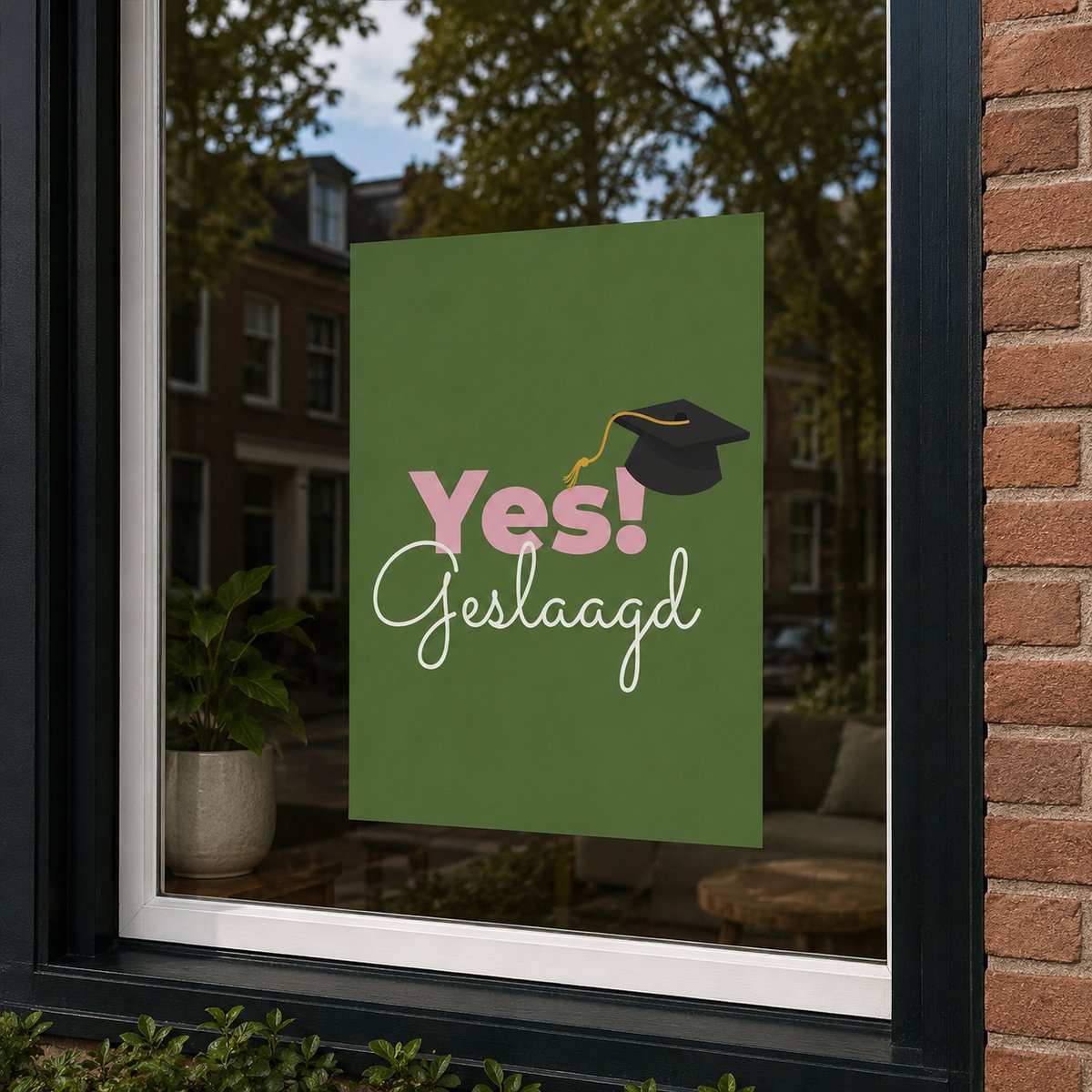 Geslaagd poster A1 formaat | 59,4 x 84 cm | feestdecoratie voor diploma & afstuderen | examen versiering | geslaagd cadeau | groen/roze