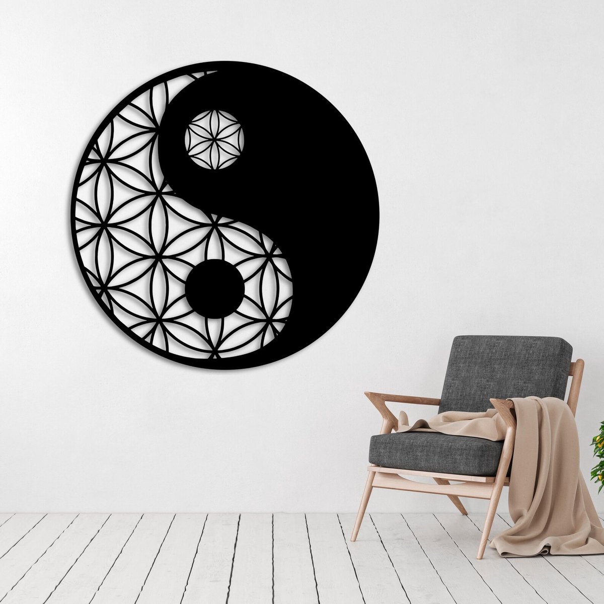 Yin Yang Wanddecoratie 50x50 cm – Houten Muurdecoratie – Mandala Design – Zwart – Moderne Zen Wandkunst