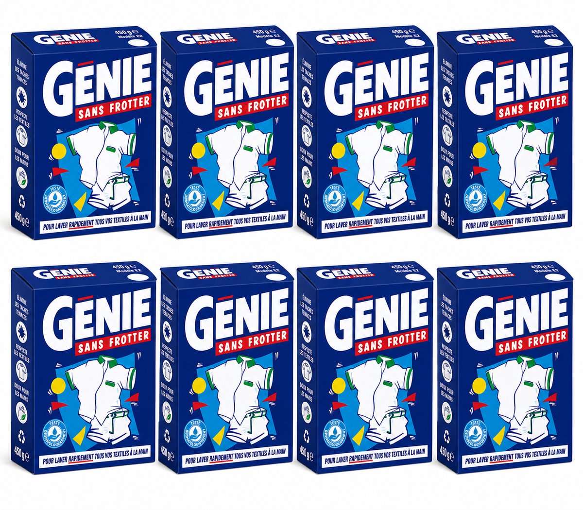 GENIE Sans Frotter Waspoeder 450 g - Set van 8 Pakken (3.6 kg Totaal) - Vlekverwijderaar Handwas Poeder voor Witte en Bonte Was - Werkt in Koud Water - Voordeelpak