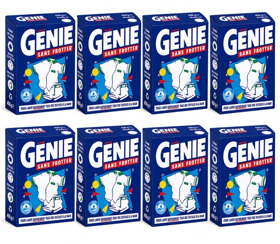 Set van 8 Genie Sans Frotter waspoederpakken, blauw met witte tekst en illustratie van een witte outfit.