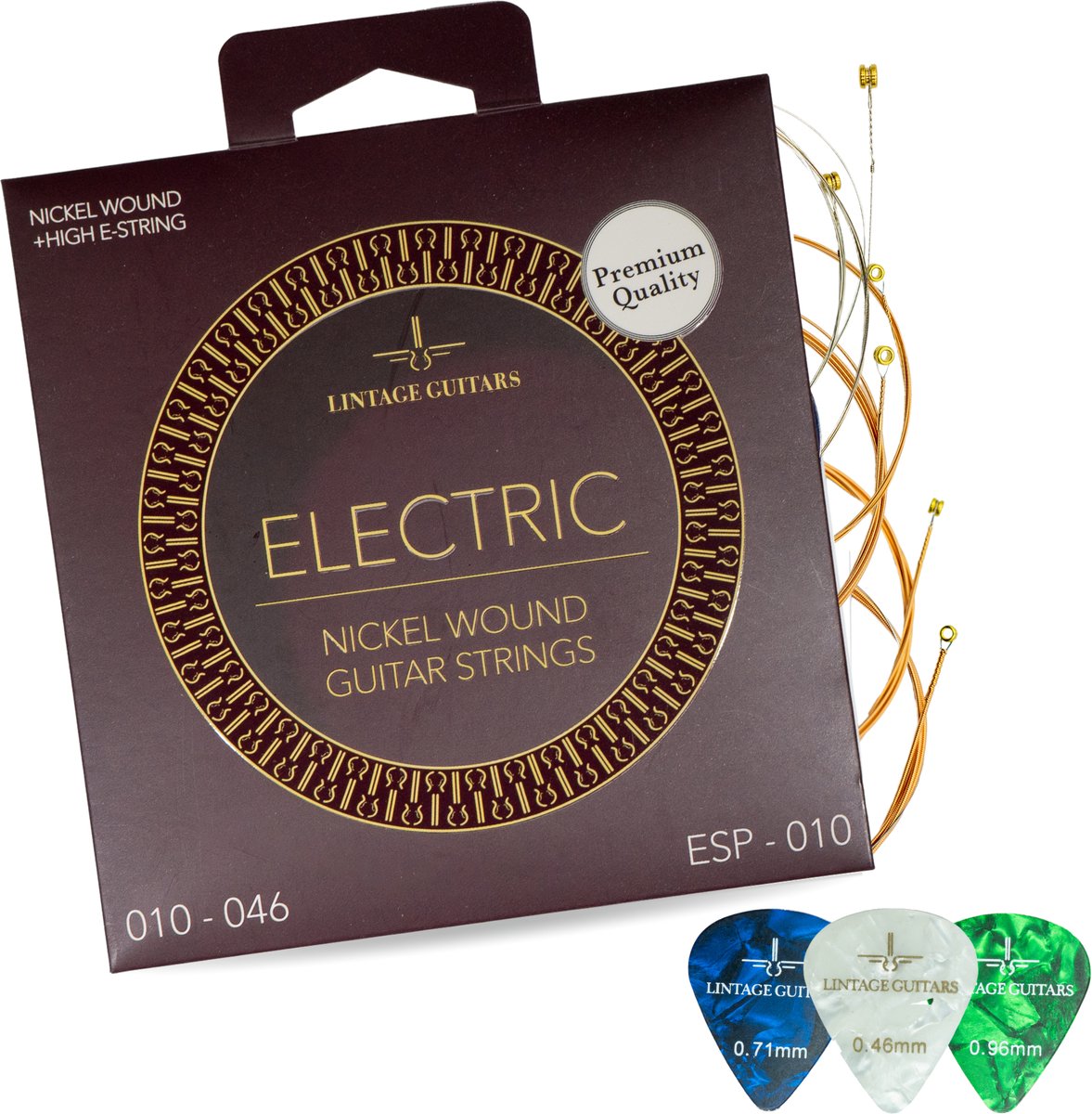 Premium Elektrische gitaar snaren + Extra hoge E snaar - Inclusief 3 Celluloid Plectra - ESP-010 - Nickel Wound
