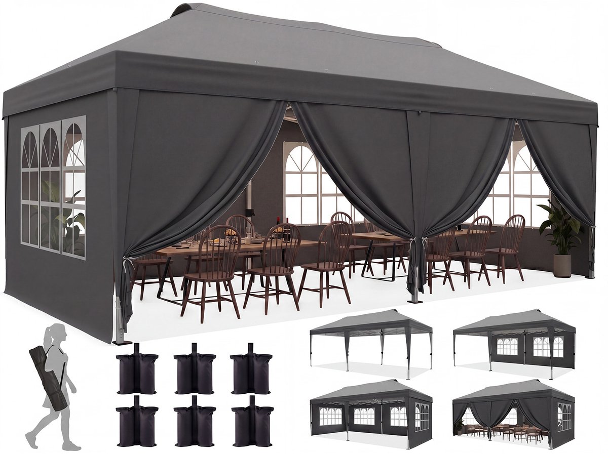 Quictent Vouwbare Partytent 3x6m – Partytent met centrale vergrendeling, 8 zijwanden – Grijs
