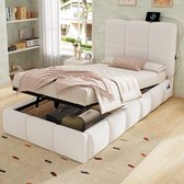 Lit enfant 90 x 200 cm - avec rangement et port de charge USB - tête de lit rembourrée - tissu à grosses mailles - beige