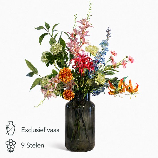 Foto: Bloemenjunkie kunstbloemen zijden bloemen boeket nepbloemen kunstboeket 75cm hoog luxe onderhoudsvrij gloriosa scabiosa vaas