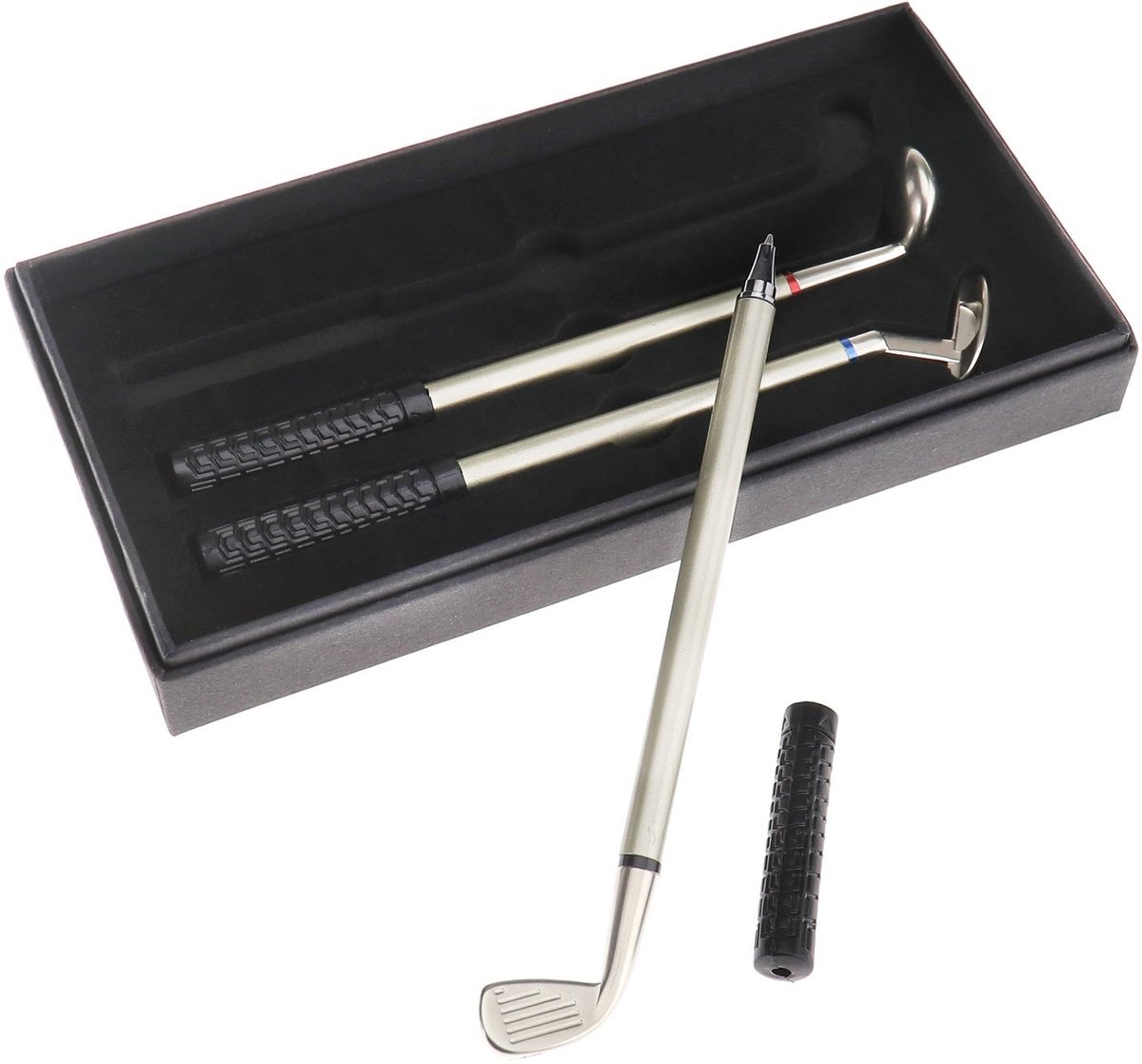 Dailygoods- Golfputter Miniatuur Set - 3x Balpennen - Golfclub Cadeau - Geschenkdoos - Perfect voor Golfliefhebbers - Rubber Grip - Balpen