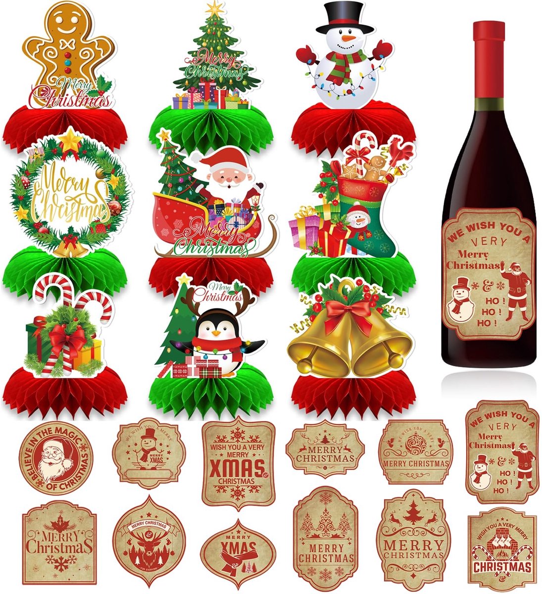 JHUBERS- Tafeldecoraties 9 Stuks - 3D Decoraties - Kerst Honingraat Centerpieces - Feestbenodigdheden Binnen/Buiten - Herbruikbaar Karton - Uniek Ontwerp - Feestdecoraties