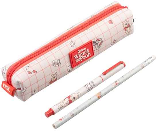 Wit etui met rood rits, bedrukt met Winnie de Poeh en Disney logo. Met bijpassende pen en potlood.