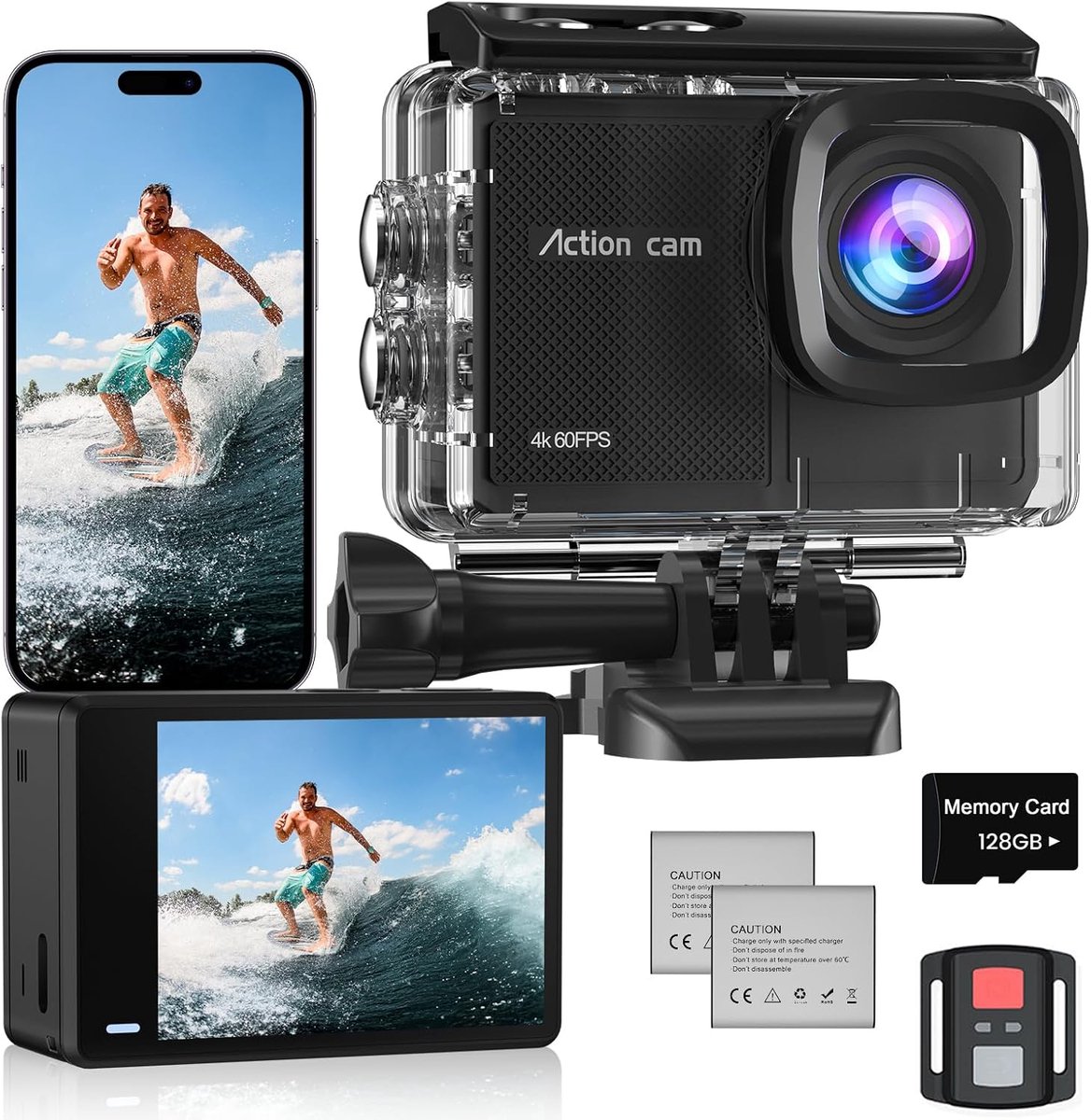Actiecamera, waterdicht, 4K60FPS met 128 GB kaart, 131 ft onderwatercamera, 8 x zoom, wifi-helmcamera 48 MP, gestabiliseerde actiecamera's met afstandsbediening, 2 x 1350 batterijen