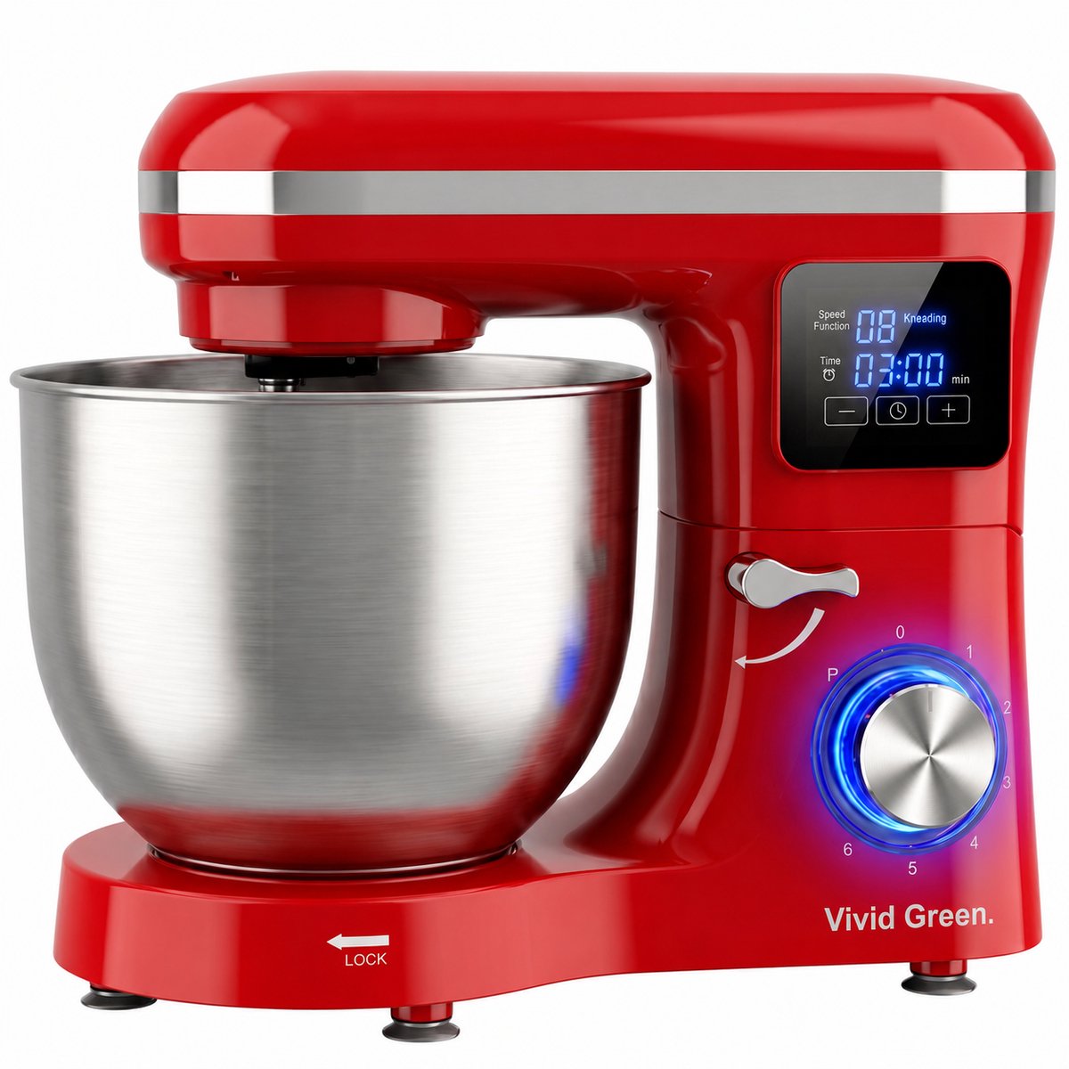 Vivid Green 2000W Keukenmixer - Display en Timer - Keukenmachine - 6.2L - Keukenrobot - Mixer met Mengkom - Rood